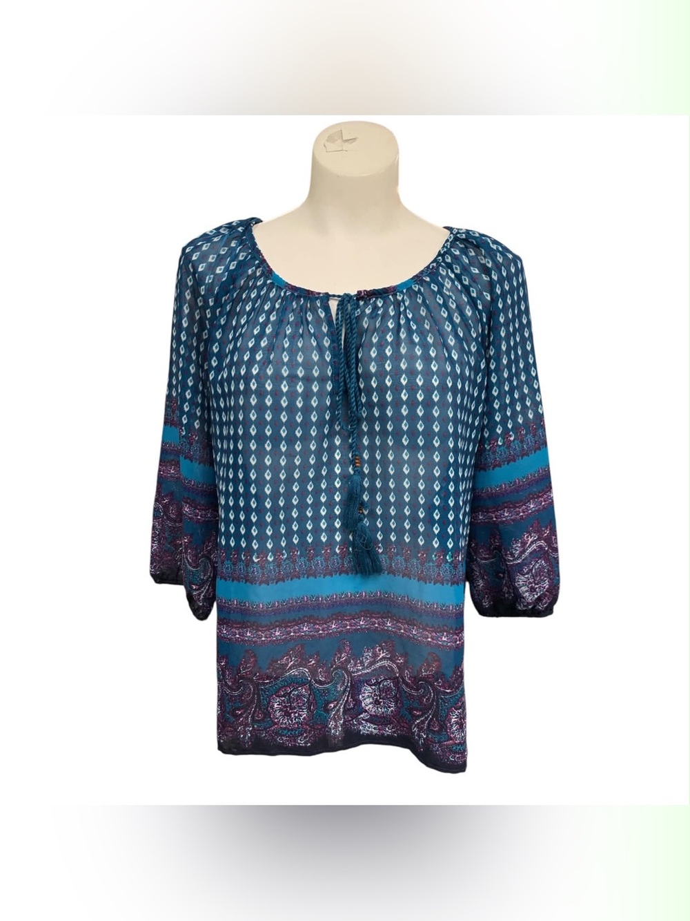 Cynthia Rowley Teal and Purple Boho Tie-Neck Blouse Size S